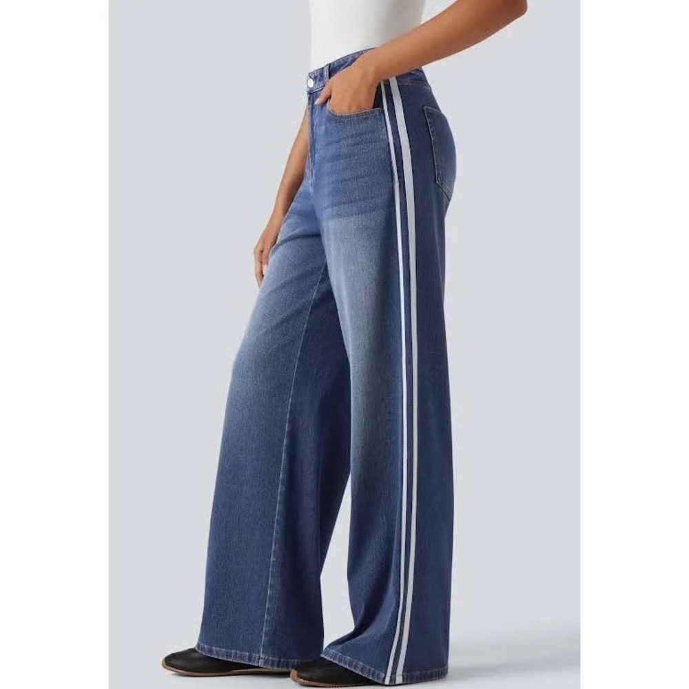Halara Flex Wide Leg Side Stripe Jeans Tide Blue Denim L Tall Athleisure Casual